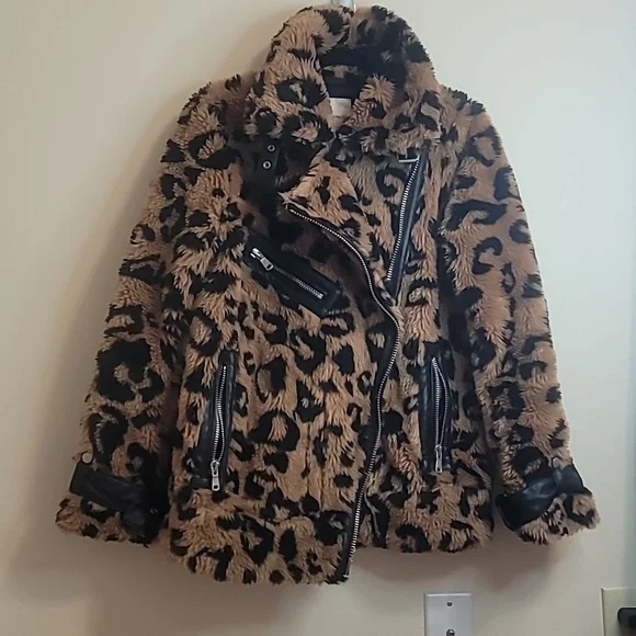 Avex Les Filles leopard print faux fur moto jacket. SMALL - Picture 2 of 15